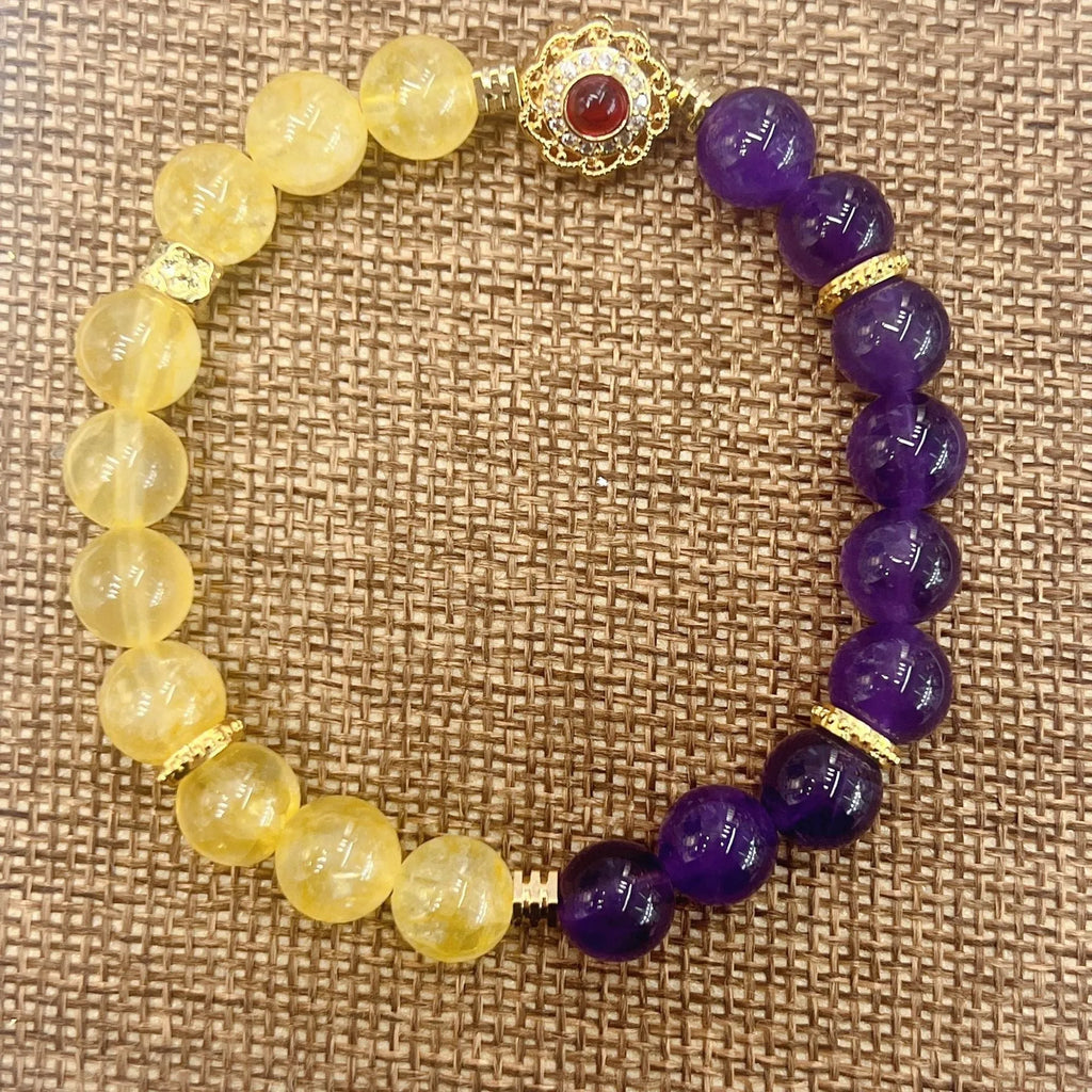 Handmade yellow and purple crystal bracelet with amethyst accents for women, adjustable 18-20cm length