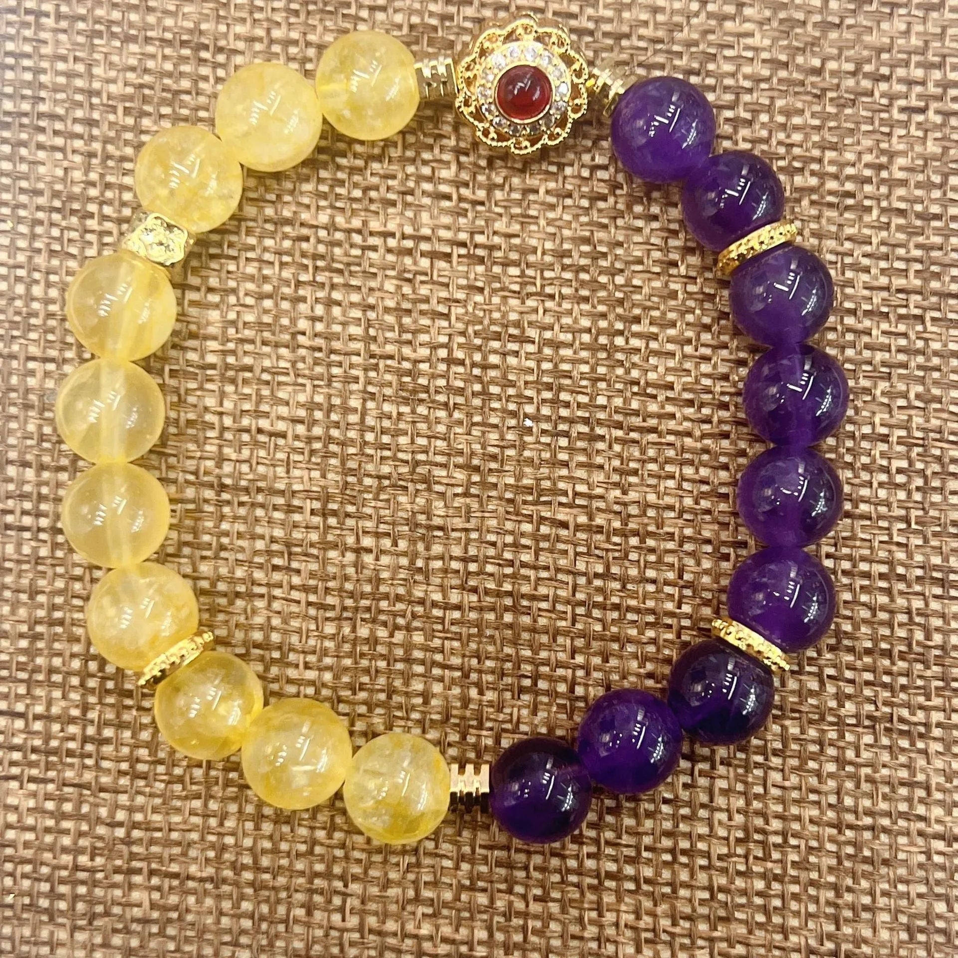 Handmade yellow and purple crystal bracelet with amethyst accents for women, adjustable 18-20cm length
