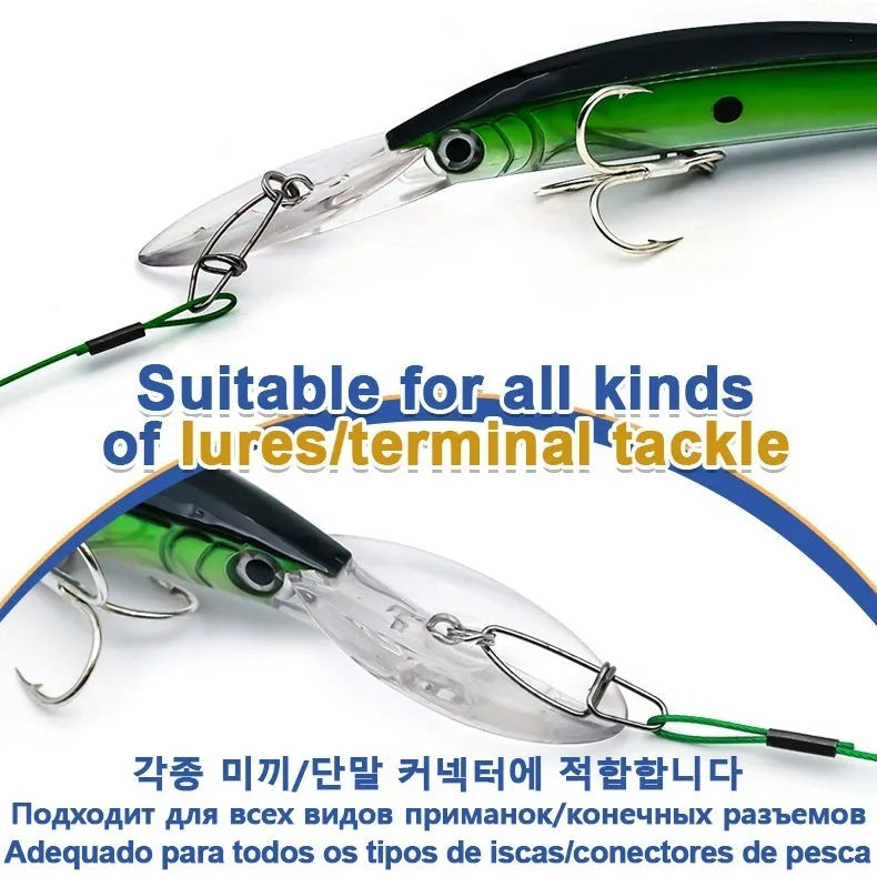 Anti-bite steel wire fishing gear accessories in green, black, and red colours with double buckle pins