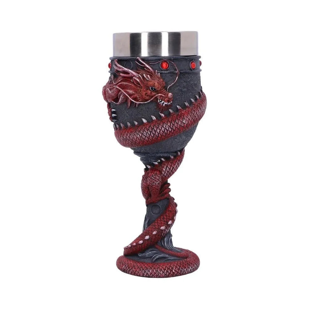 Red or gold stainless steel wine glass with a raised 3D dragon design and 200ml capacity.