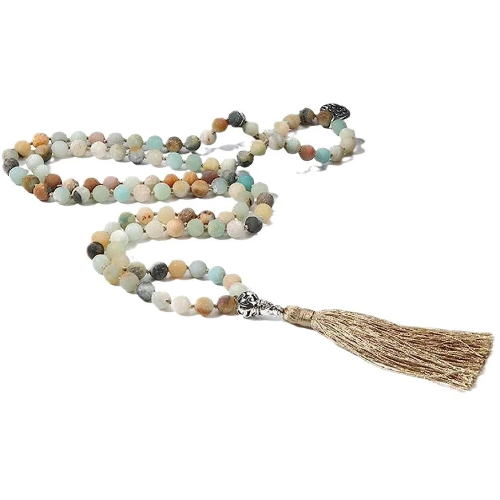 Handmade knotted beaded necklace with 8mm stone beads showing natural colour variations