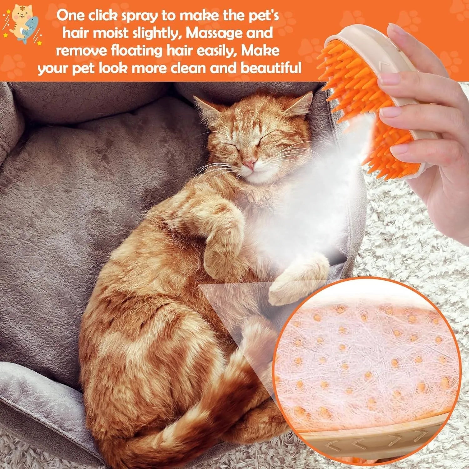 Yellow 4-in-1 cat steam brush with silicone grooming head and ringworm detector