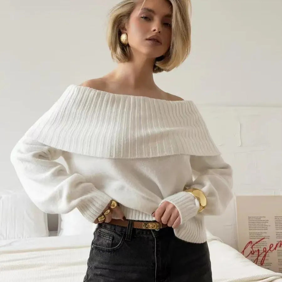 Off-the-shoulder grey sweater with 3D pattern effect and regular sleeves