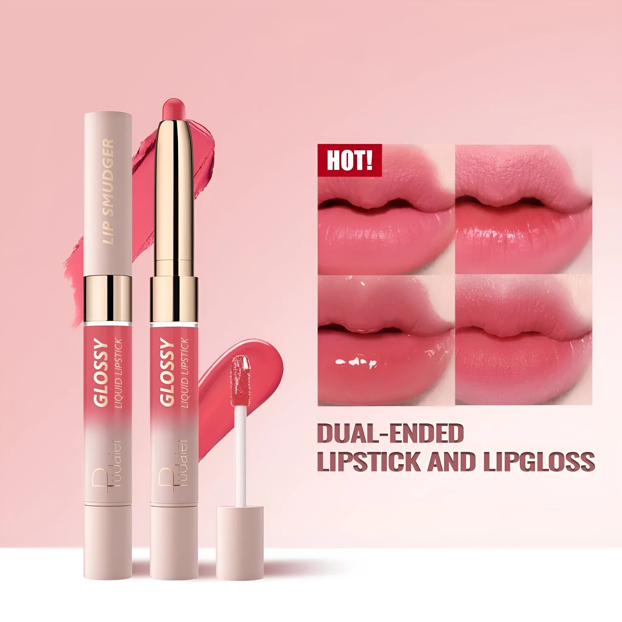 Double-ended lipstick and lip gloss stick showing matte lipstick bullet and glossy applicator