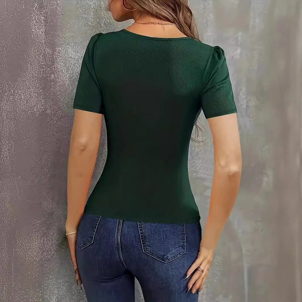 Women's slim fit knitted short sleeve pullover top in wine red, black, or green.