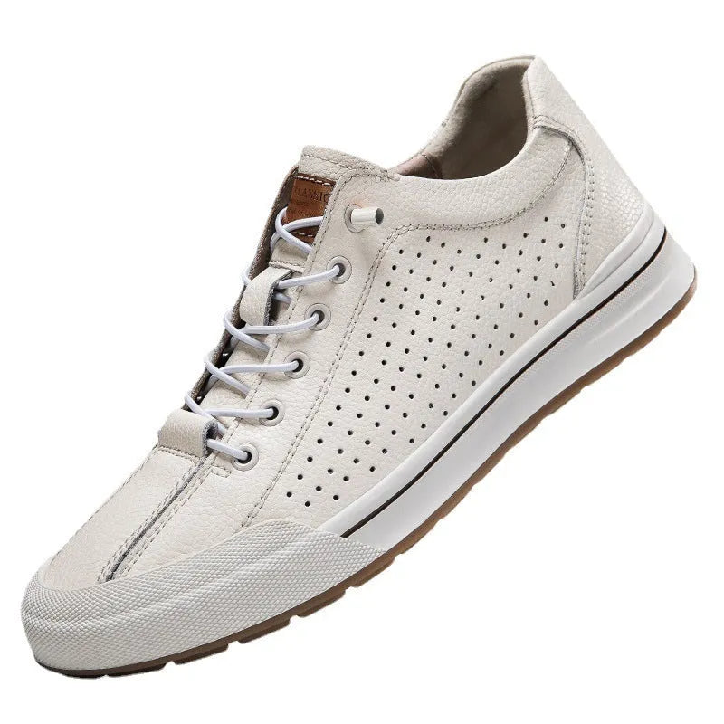 Men's white and black platform trainers with round toe and 6cm heel.