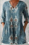 Women's printed polyester dress with 3/4 sleeves and wide waist in multiple pattern styles