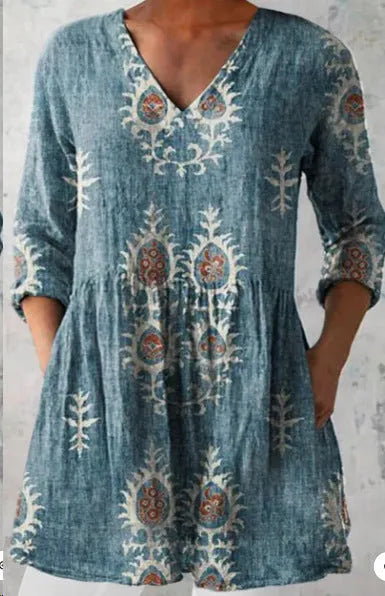 Women's printed polyester dress with 3/4 sleeves and wide waist in multiple pattern styles