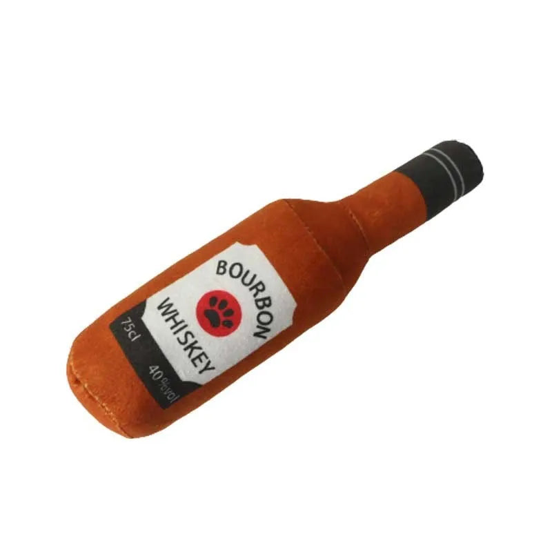 Soft plush wine bottle pet toy for cats and dogs in multiple colours.