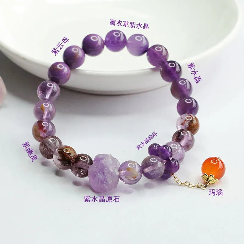 Natural nine purple amethyst and red agate Duobao crystal bracelet in Mori style, showing 8mm beads.