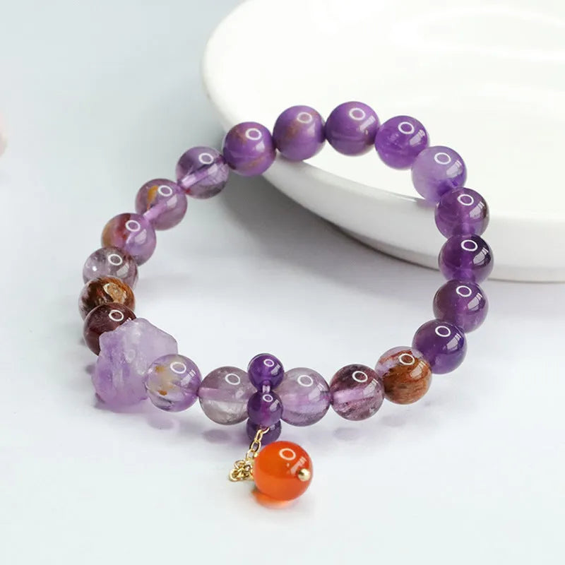 Natural nine purple amethyst and red agate Duobao crystal bracelet in Mori style, showing 8mm beads.