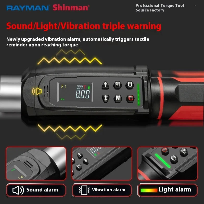 Digital display torque wrench with chrome-vanadium steel construction and triple warning indicators
