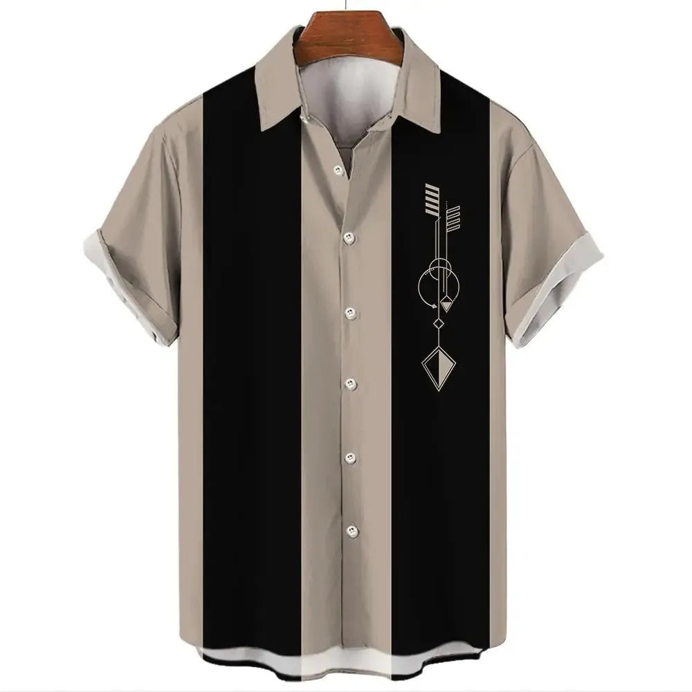 Man wearing a striped short sleeve button-down Hawaiian shirt in a casual setting.