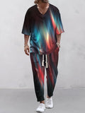 Thin polyester trousers suit with a cropped sleeve V-neck jacket on a hanger.