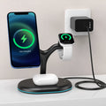 Black multifunctional three-in-one magnetic wireless charger on a flat surface.
