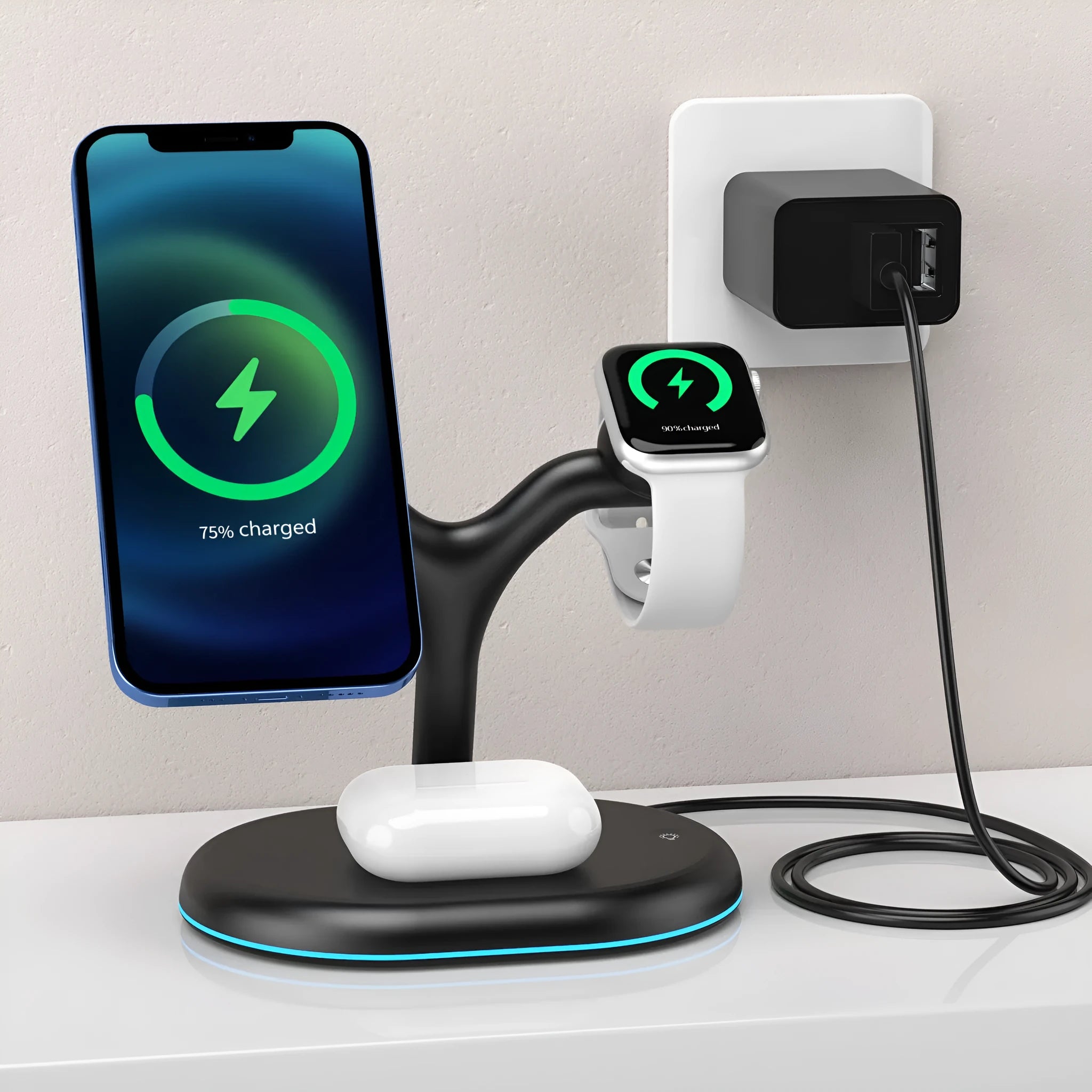Black multifunctional three-in-one magnetic wireless charger on a flat surface.