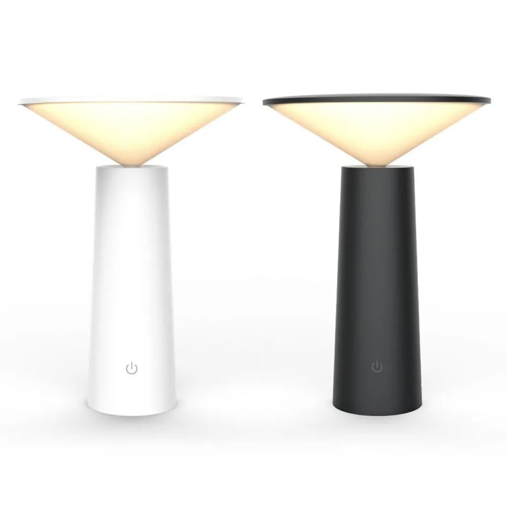 Black USB LED table lamp with adjustable head showing touch controls and micro USB charging port