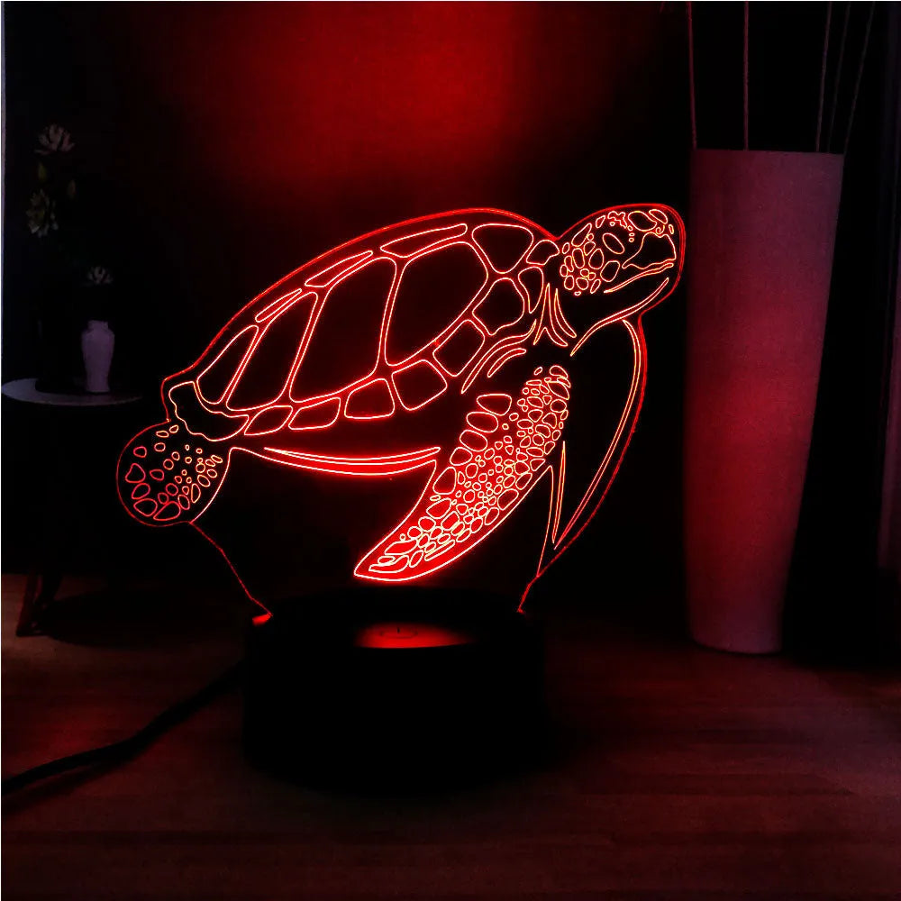 3D acrylic turtle LED night light showing 16 colour options with remote control