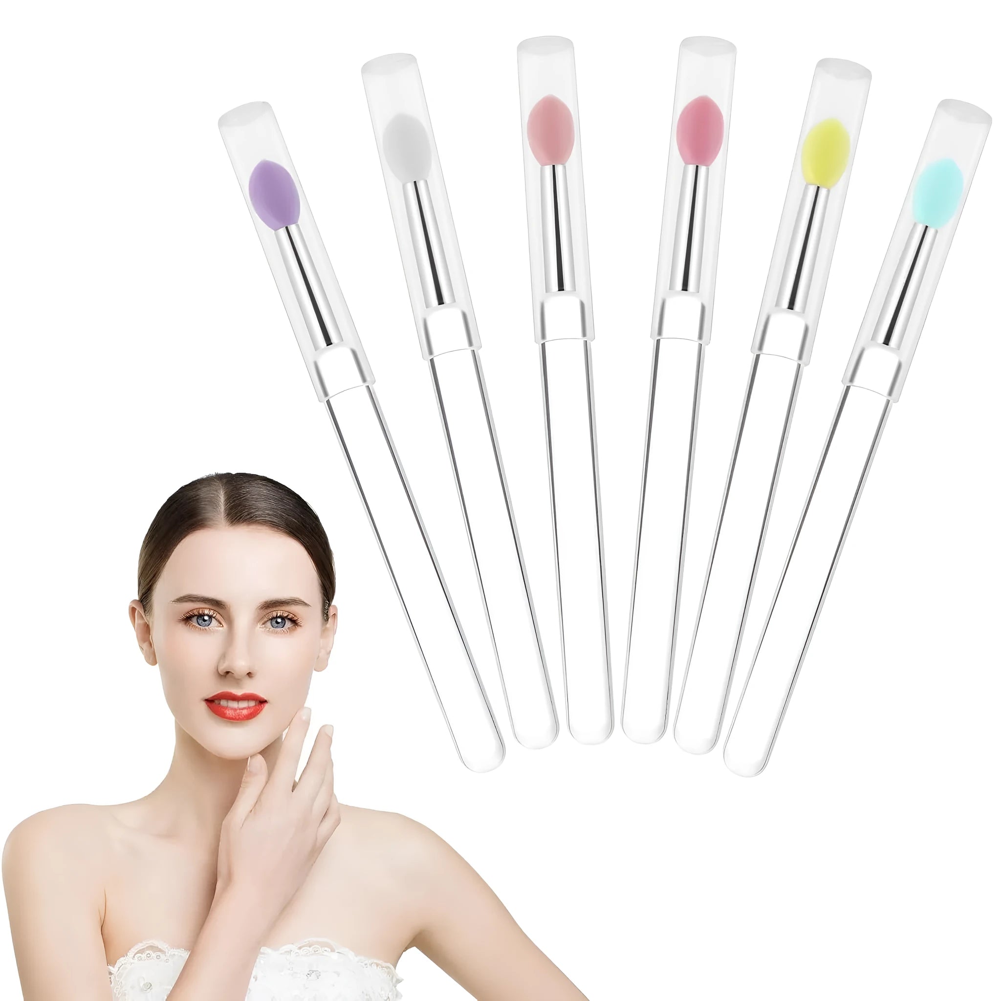 Set of silicone lip brushes with caps in various colours including blue, pink, purple and red.