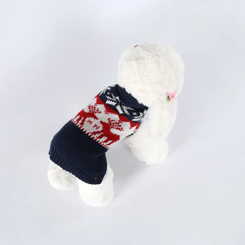 Navy blue knitted Christmas sweater for dogs showing European and American styling with four size options