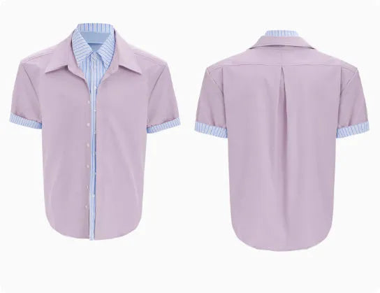 Men's loose fit striped contrast patchwork shirt top with bright thread decoration, water-washed polyester, long sleeves, available in multiple colours