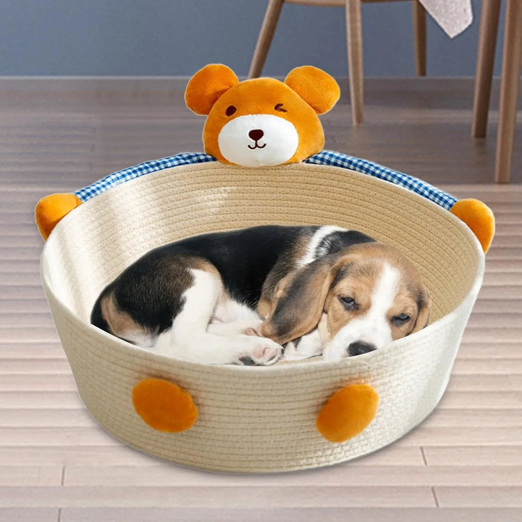 Woven cotton rope cat bed basket with integrated scratching pad in three size options