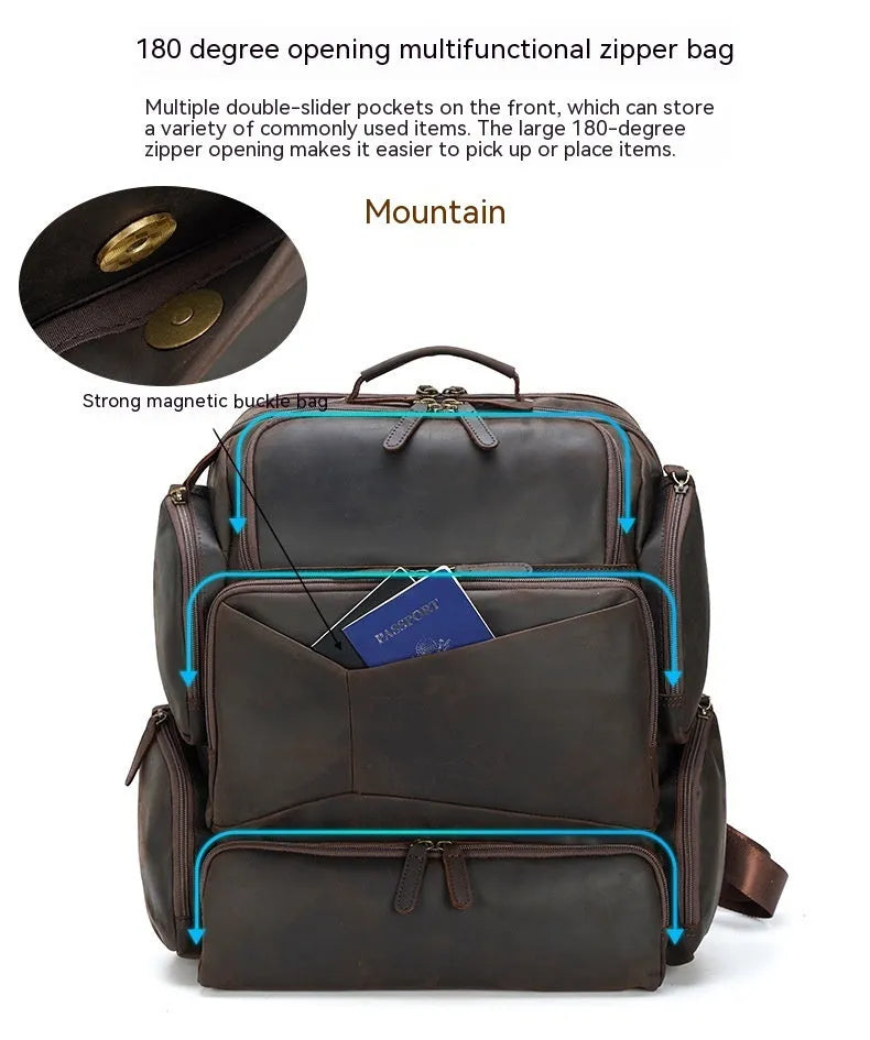 Dark brown retro genuine leather backpack for men, open to show laptop compartment and internal organisers.