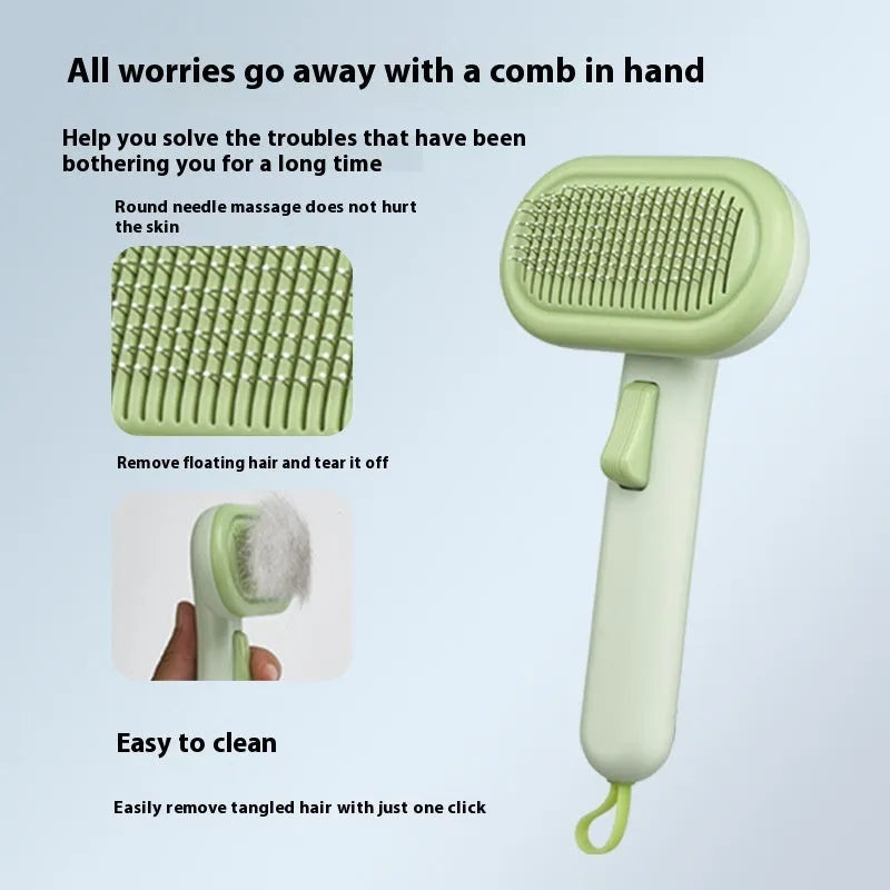 Large light grey pet hair removal comb with stainless steel teeth and a built-in shaver head.