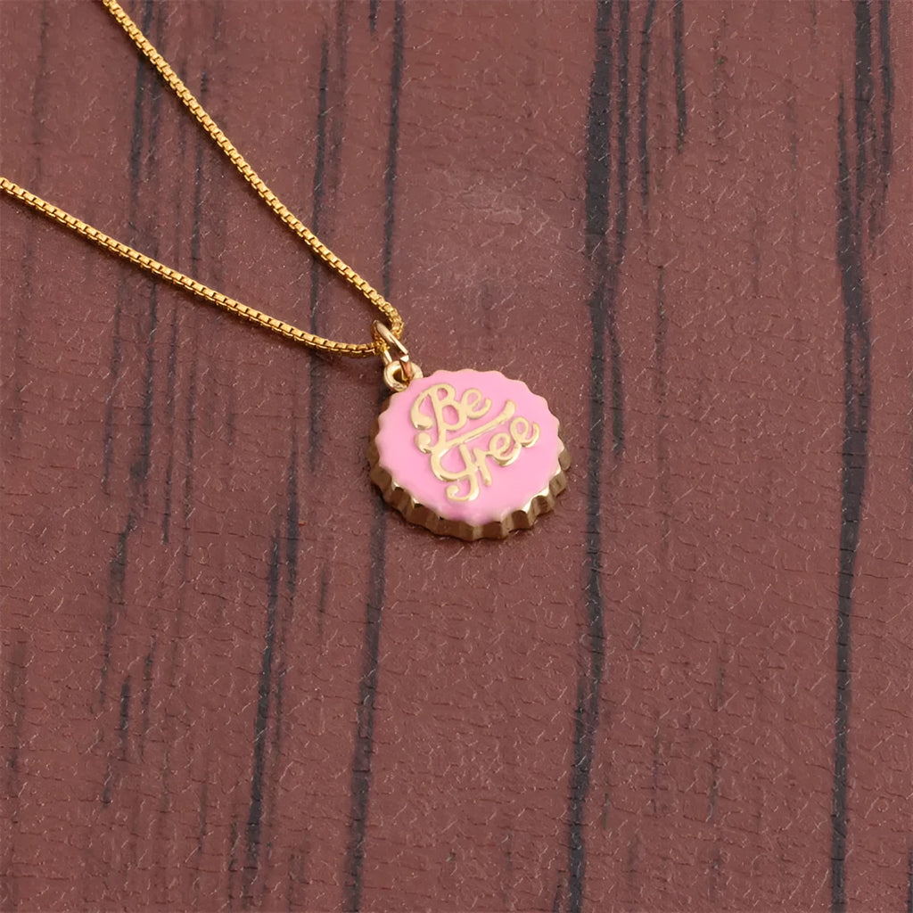 Copper bottle cap pendant necklace with 18K gold electroplating on 40cm box chain in six colour options