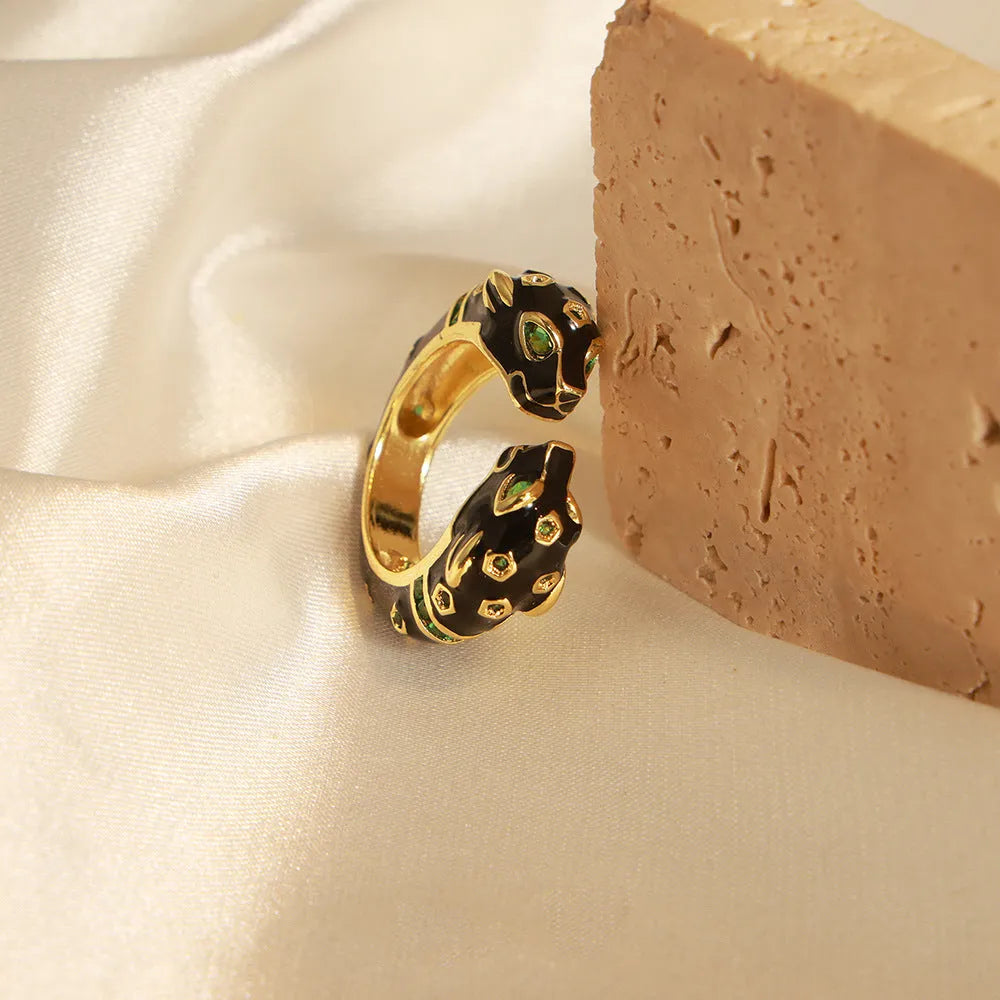 Women's black cheetah pattern open ring with oil drip effect on copper geometric design