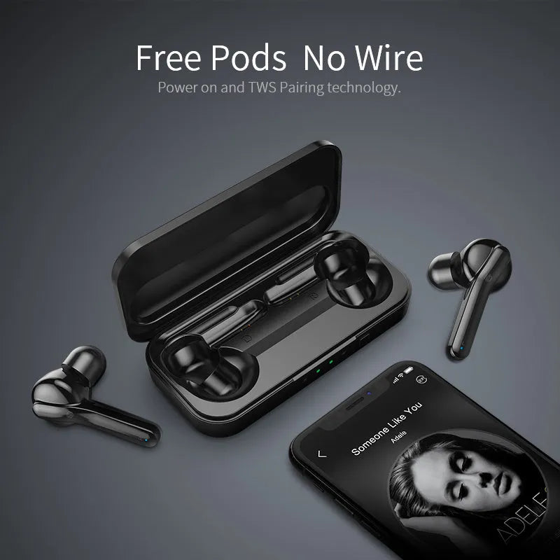 Black and white TWS wireless Bluetooth 5.0 headphones with IPX5 waterproof rating.