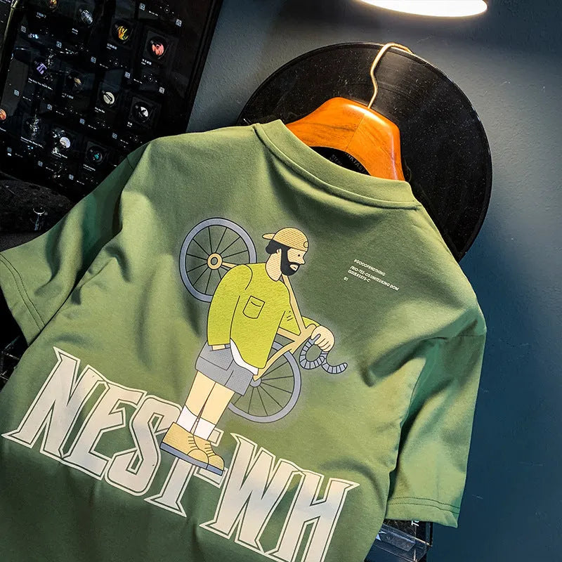 Green men's loose-fit T-shirt with a printed Literary Youth graphic on the front.