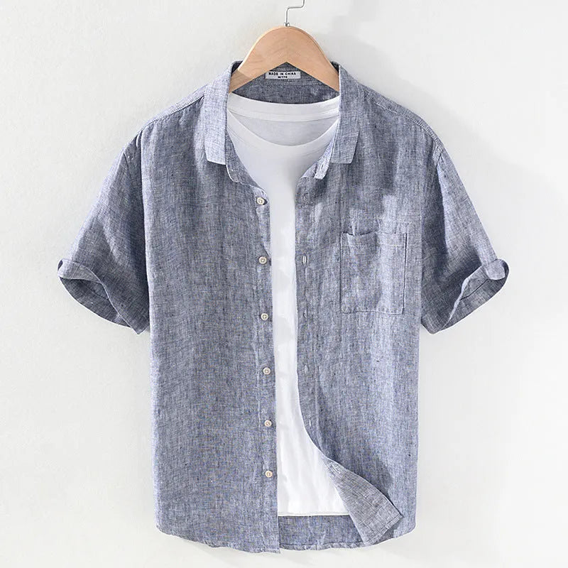 Linen short sleeve shirt with square collar in raw jute colour, cardigan style regular fit