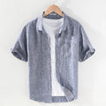 Linen short sleeve shirt with square collar in raw jute colour, cardigan style regular fit