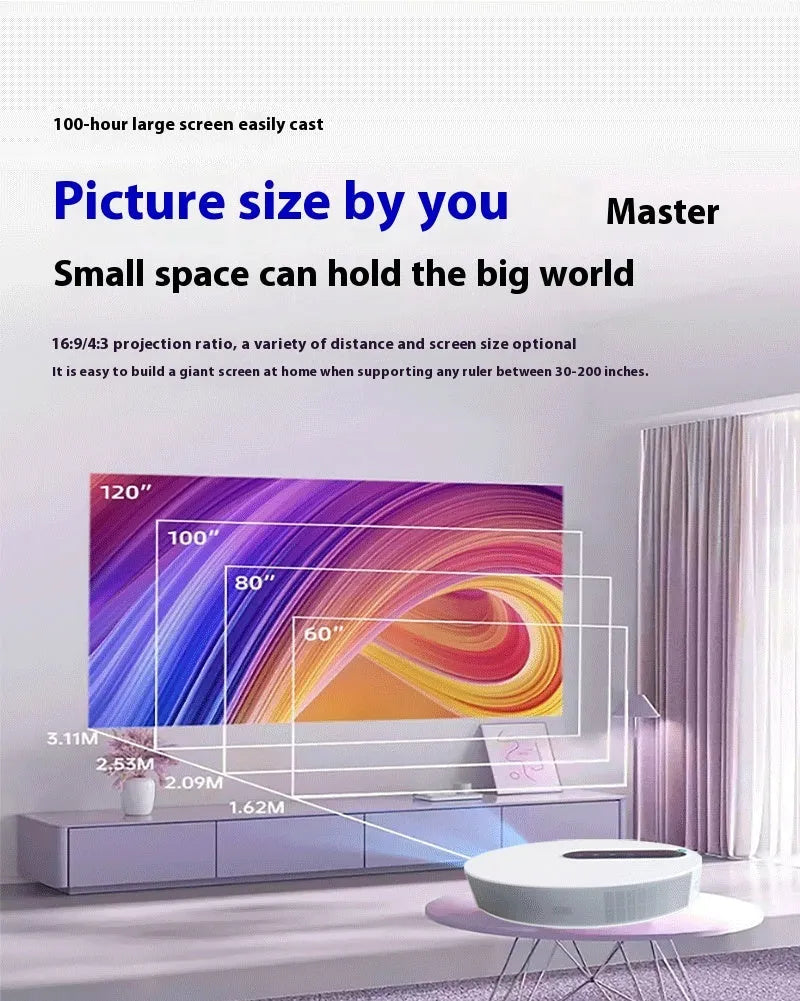 White HD 720p home theatre projector with remote control on a table