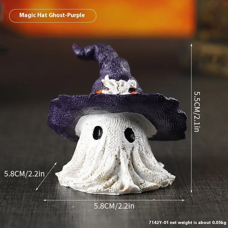 Resin wizard hat ghost ornament in kid-sized dimensions available in black or purple colour options