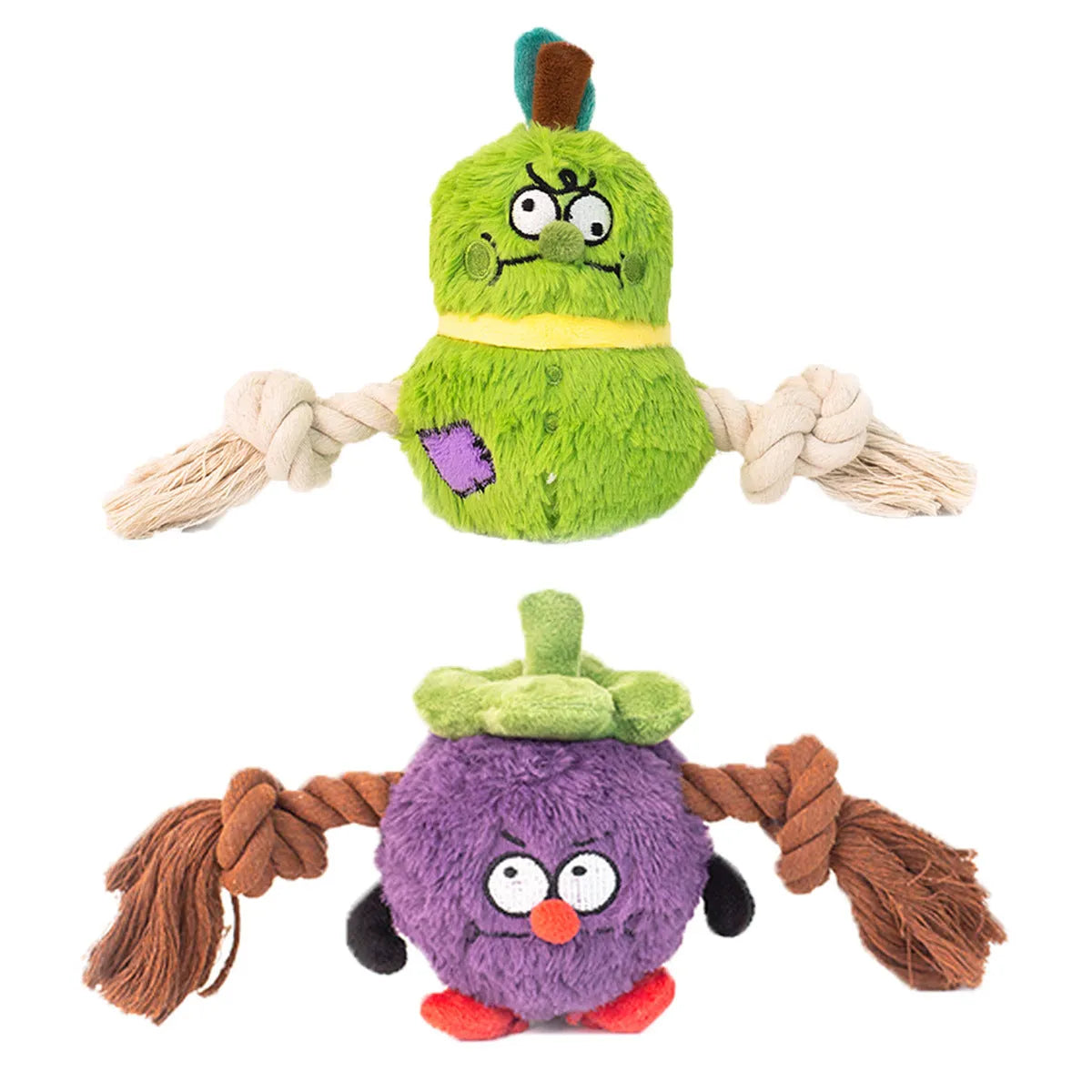 Green interactive dog toy with plush fabric, rope knots, and built-in squeaker for tug of war games
