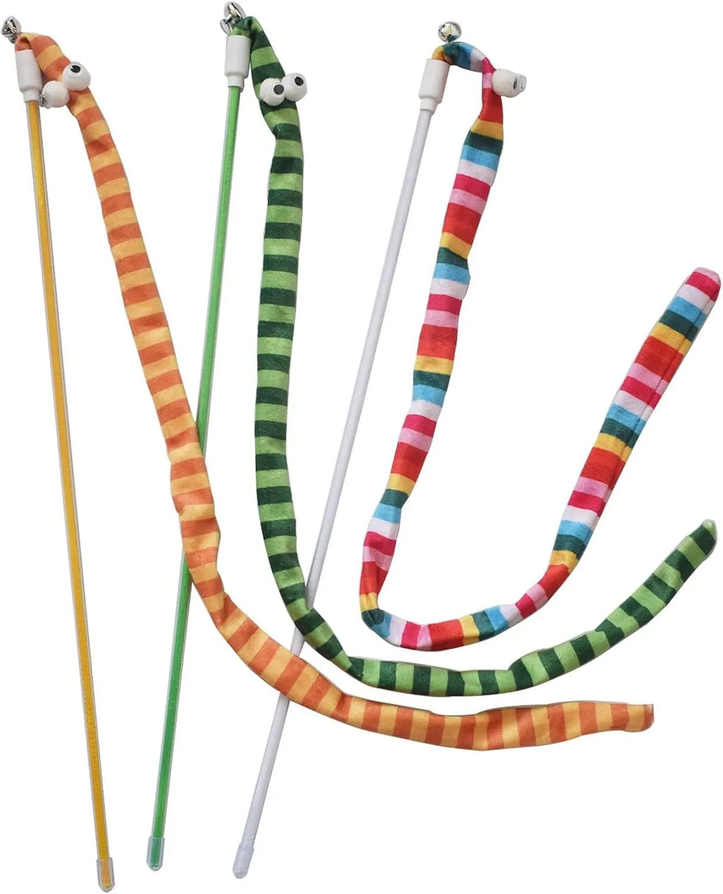 Cat wand toy with polycarbonate pole and colourful plush strip for interactive play