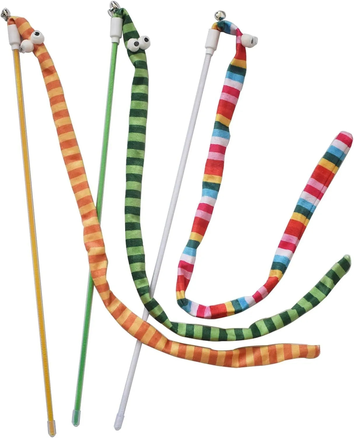 Cat wand toy with polycarbonate pole and colourful plush strip for interactive play