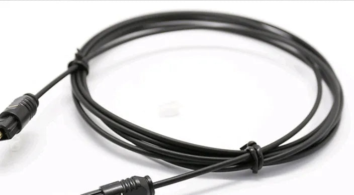 OD2.2 optical digital audio cable with TOSLINK connectors, showing slim black PVC jacket.