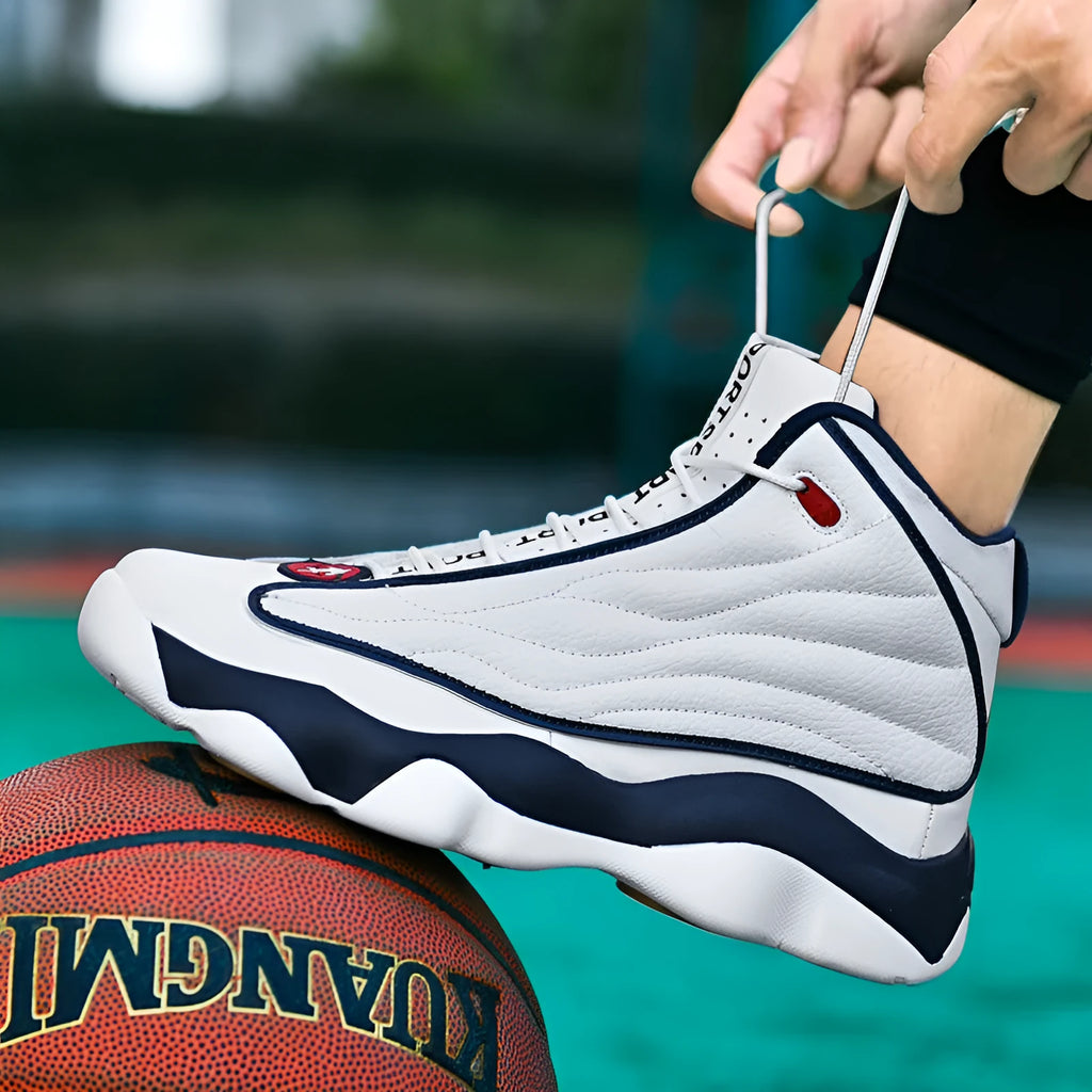 Men's high-top basketball shoes in AJ13 colourways with mesh upper and rubber sole.