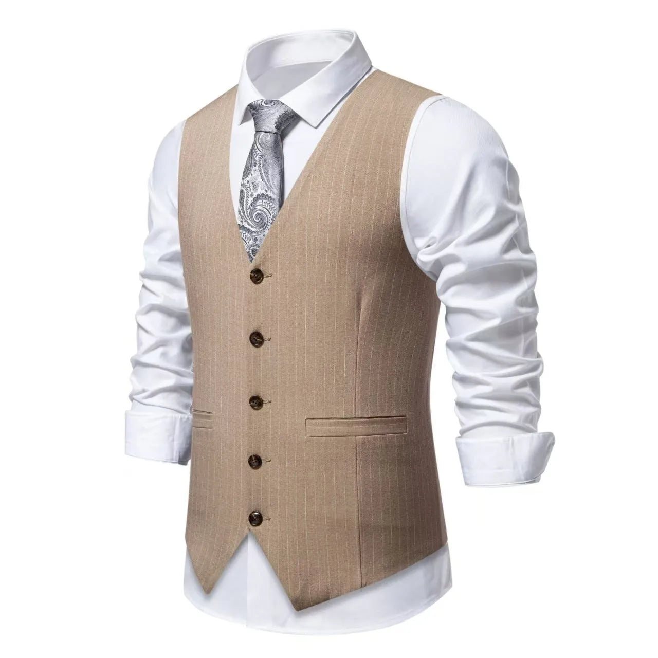 Man wearing a striped suit vest in a formal setting, showing the mitered bottom hem and pocket detail.