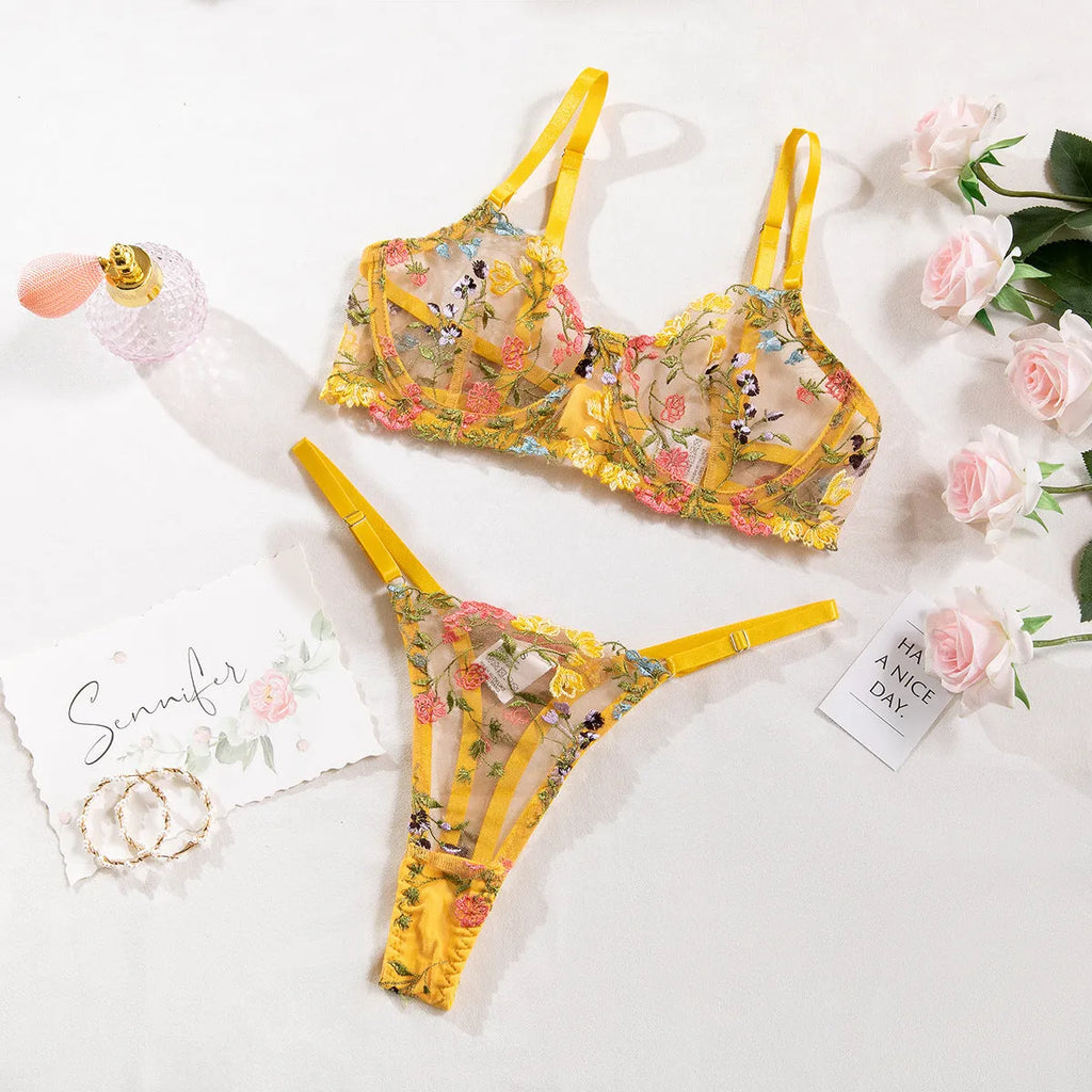 Floral pattern mesh bra and underwear set with T-back straps and 3/4 cups.