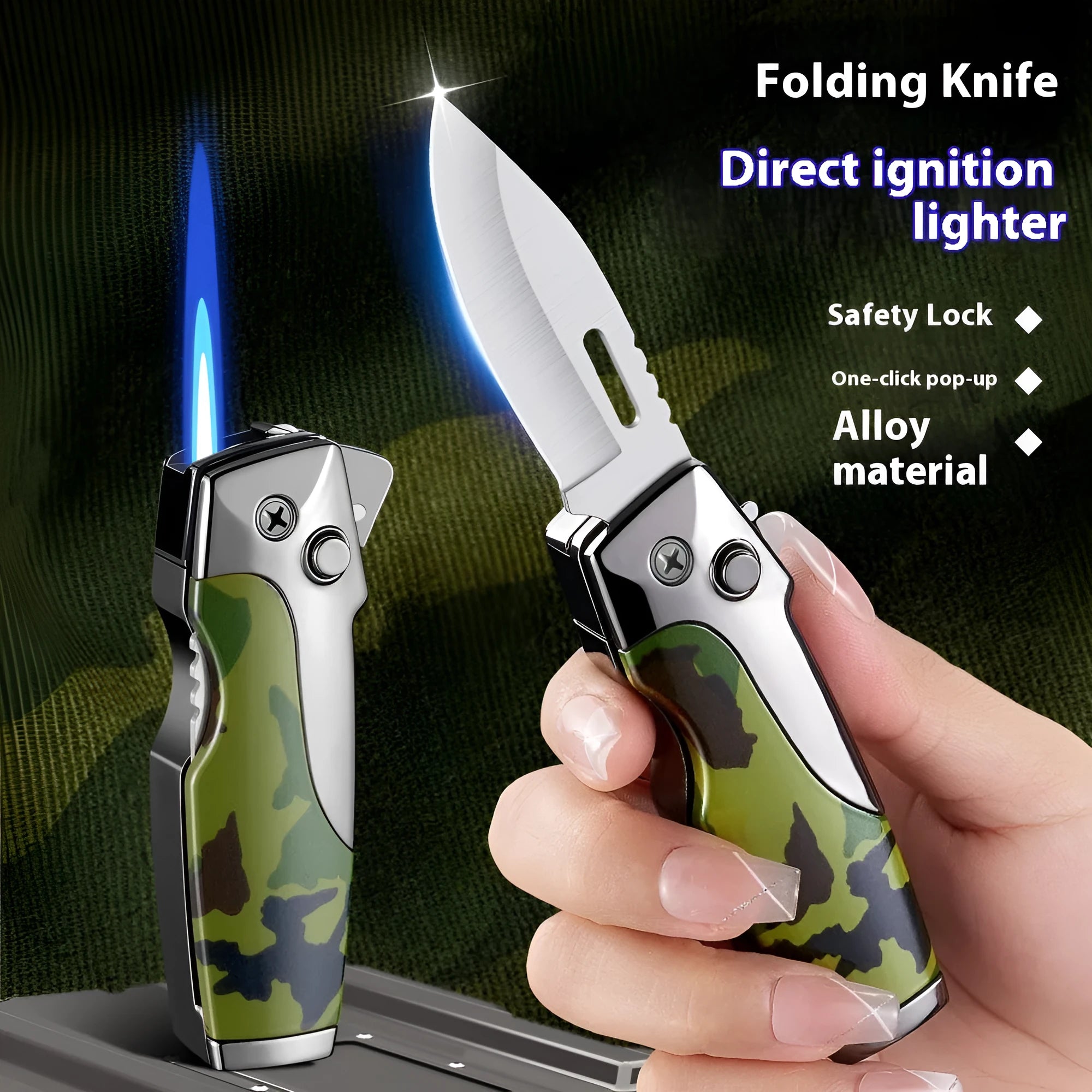 Zinc alloy metal folding lighter with integrated knife in a selection of colour and texture finishes.