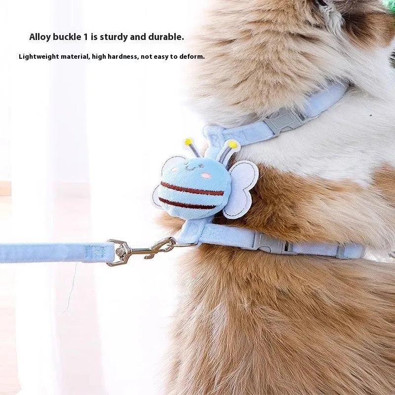 Bee-shaped adjustable cat leash in blue, pink, or yellow with strap and hand rope.