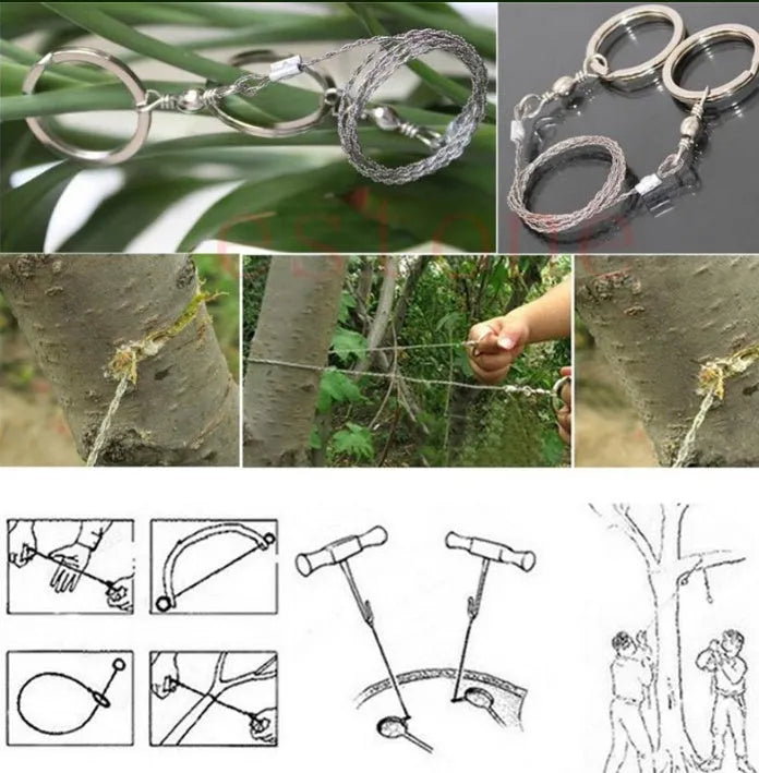 Survival wire saw with stainless steel blade, pull ring, and hoop handles for outdoor cutting
