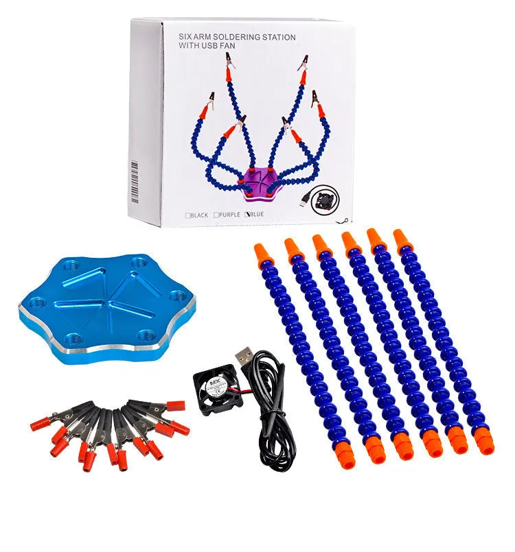 Black or purple aluminium alloy six-jaw model welding station with multiple bendable arms on a non-slip base.