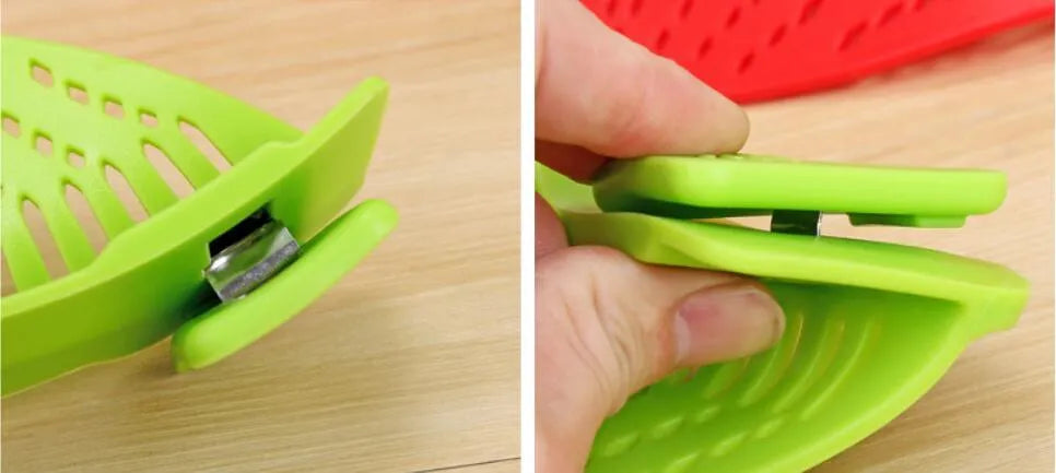 Silicone clip-on kitchen strainer attached to pot rim draining liquid