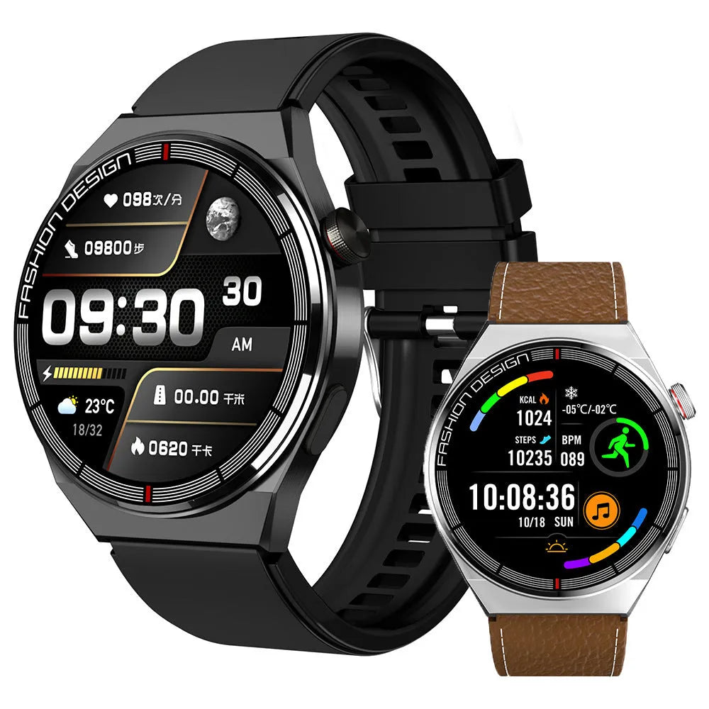 Black or silver smartwatch with Bluetooth calling, NFC, and health monitoring on a 1.28-inch screen.