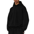 A man's grey fleece-lined cotton hoodie with a pullover design and threaded long sleeves.
